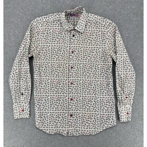 Coton Doux Ant Print Button Up Shirt Mens 38 15 White Red 100% Cotton Discolored